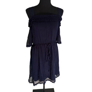 THE KOOPLES DARK BLUE OFF THE SHOULDER LACE TRIM MINI DRESS